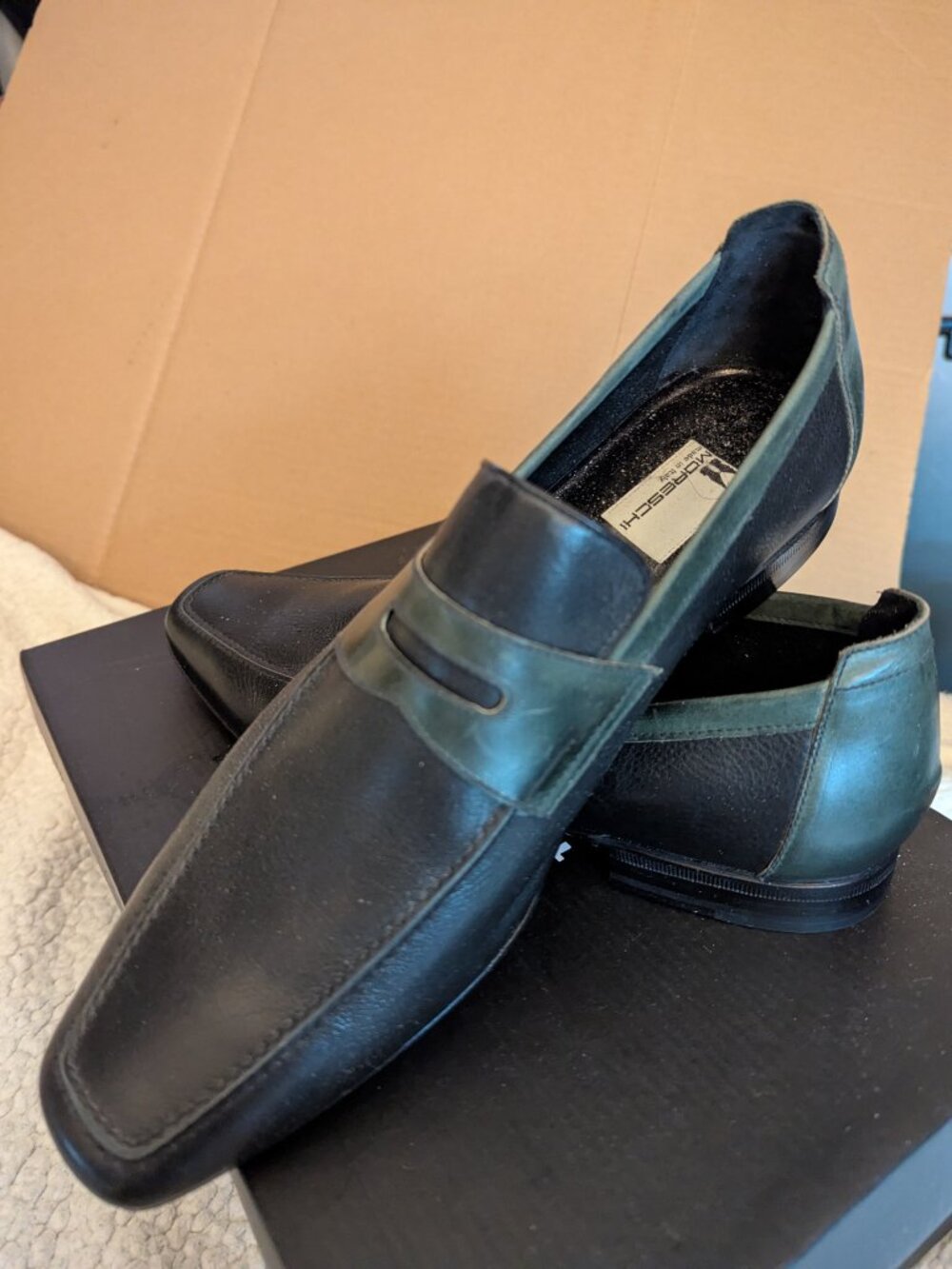 Moreschi Penny Loafers Men's Size 9 Black & Green Leather Slip On Dress Shoes
